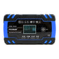 Blue and black car battery charger with front LCD display and mode buttons