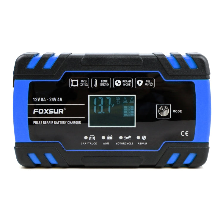 Blue and black car battery charger with front LCD display and mode buttons
