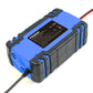 Blue battery charger with rear label, ventilation vents, and attached power cable