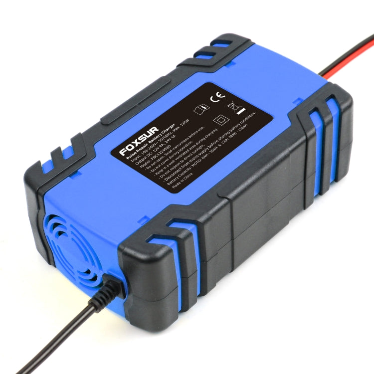 Blue battery charger with rear label, ventilation vents, and attached power cable