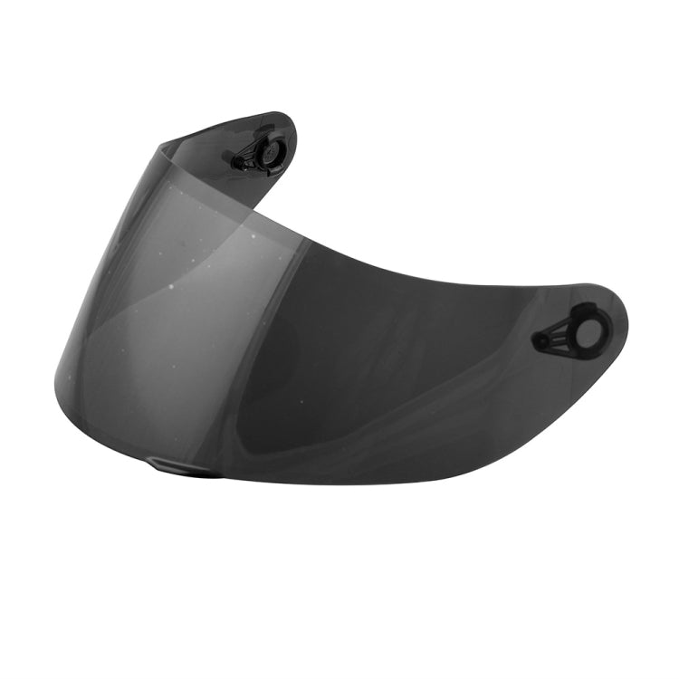 Motorcycle helmet visor lens, gray tinted with curved shape and two black mounting clips