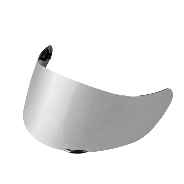 Motorcycle helmet visor lens, silver-tinted clear with curved shape and black mounting tab