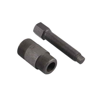 Motorcycle flywheel magneto stator puller tool, threaded steel with hex drive and cap.