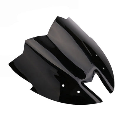Black motorcycle front windshield with mounting holes, curved cutout shape