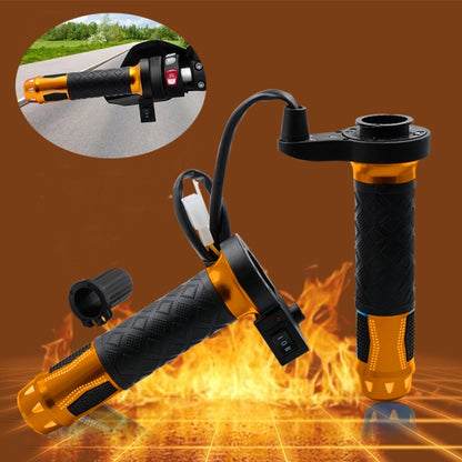Heated motorcycle scooter hand grips set, gold aluminum ends with black textured sleeves