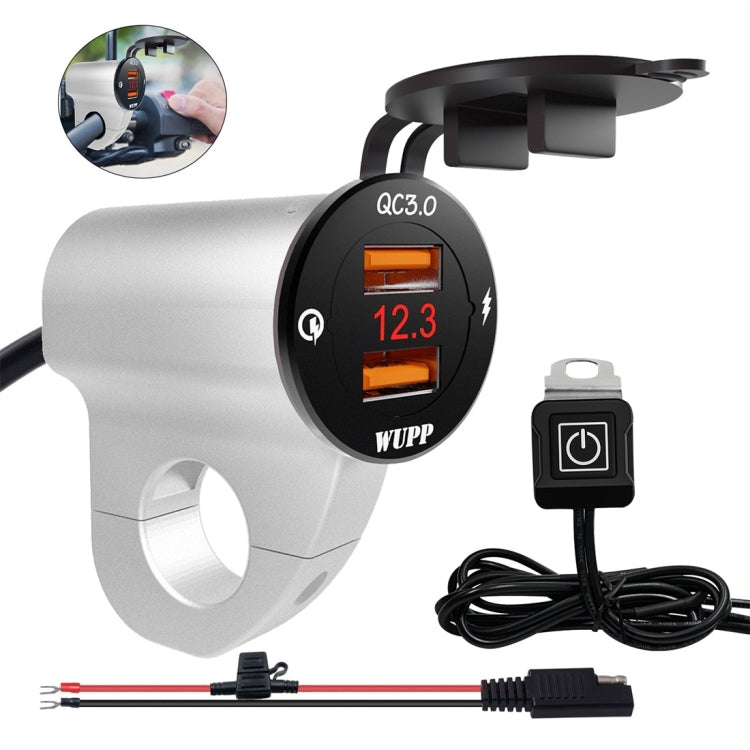 Silver motorcycle USB QC3.0 charger with dual ports, 12.3V voltmeter display, wiring kit
