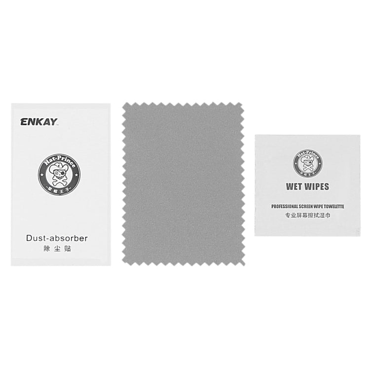 ENKAY screen protector accessories: dust-absorber cloth, wet wipes, and microfiber cloth