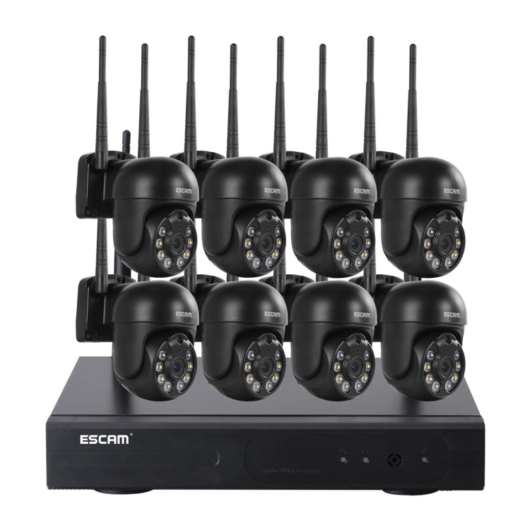 Wireless 8-camera dome security system with black cameras and front-panel NVR
