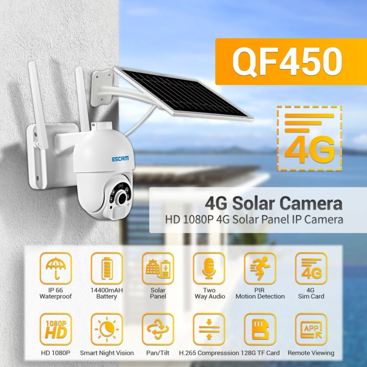 ESCAM solar IP security camera with solar panel and wall mount, shown tilted