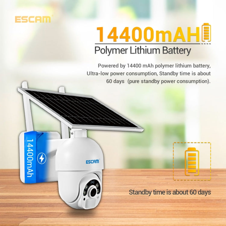 ESCAM solar IP camera with 14400mAh polymer battery feature, wall-mounted design