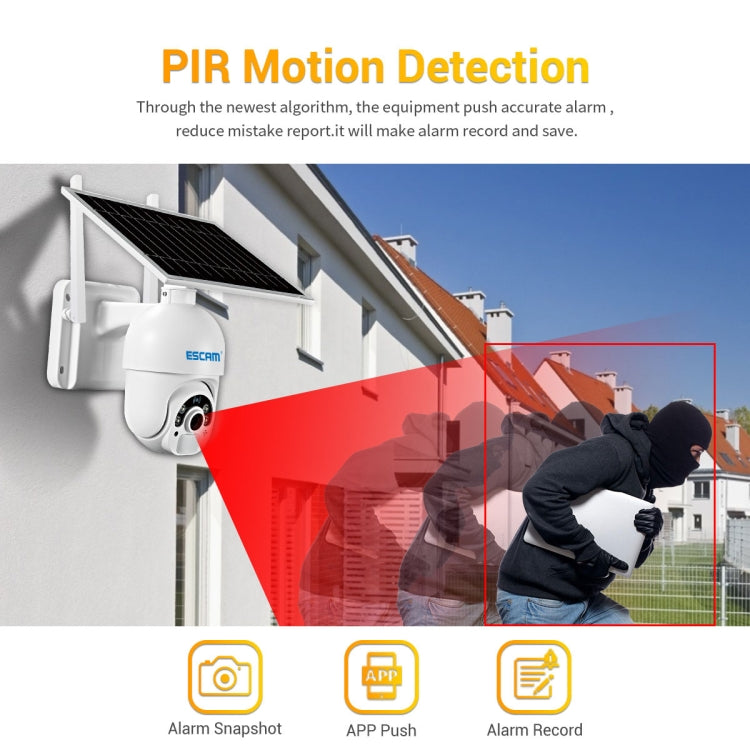 ESCAM solar IP camera detecting PIR motion, wall-mounted unit with solar panel