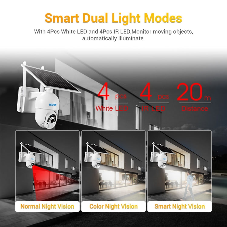 ESCAM solar IP camera with dual LED night vision modes, wall-mounted security camera