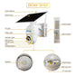 Solar powered outdoor IP camera diagram with dual antenna, solar panel, mic, speaker, and ports