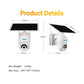 Solar powered outdoor IP camera with dimensions shown on the white camera body and lens
