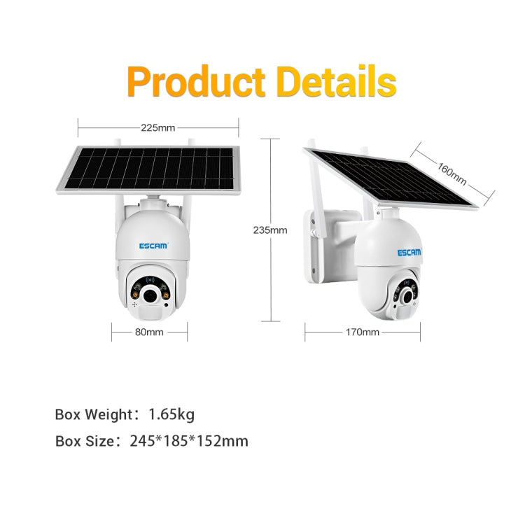 Solar powered outdoor IP camera with dimensions shown on the white camera body and lens