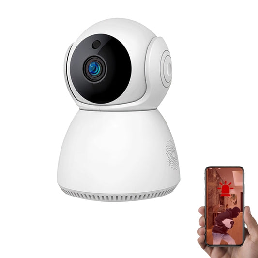 YT24 pan-tilt IP camera shown with a mobile phone displaying a motion alert