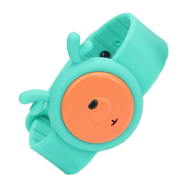 Green children’s mosquito repellent wristband with a smiling round face