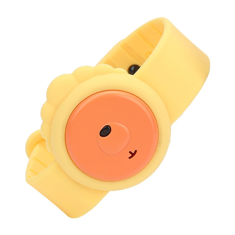 Yellow children’s mosquito repellent wristband with a smiling round face