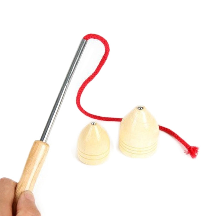 Wooden cone spinning top toy with metal rod and red string, shown with cone bases