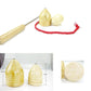 Wooden whipping top with metal rod, red string, and two stacked cone tops
