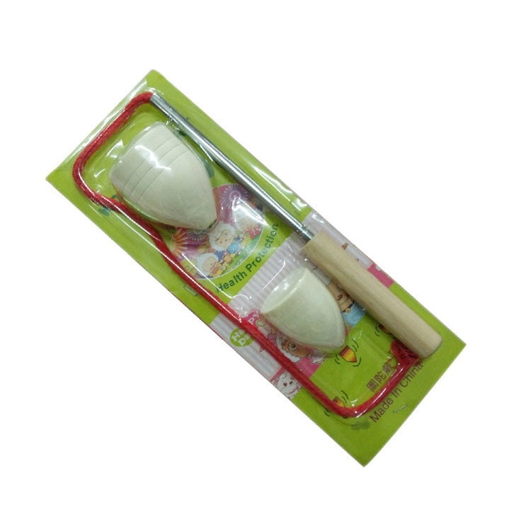 Blister-packaged wooden spinning whipping top with metal rod, red string, and cone tops