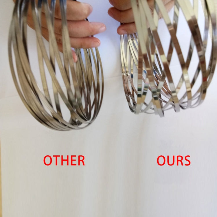 Stainless steel coiled fidget spinner spring bracelet loops held close to camera
