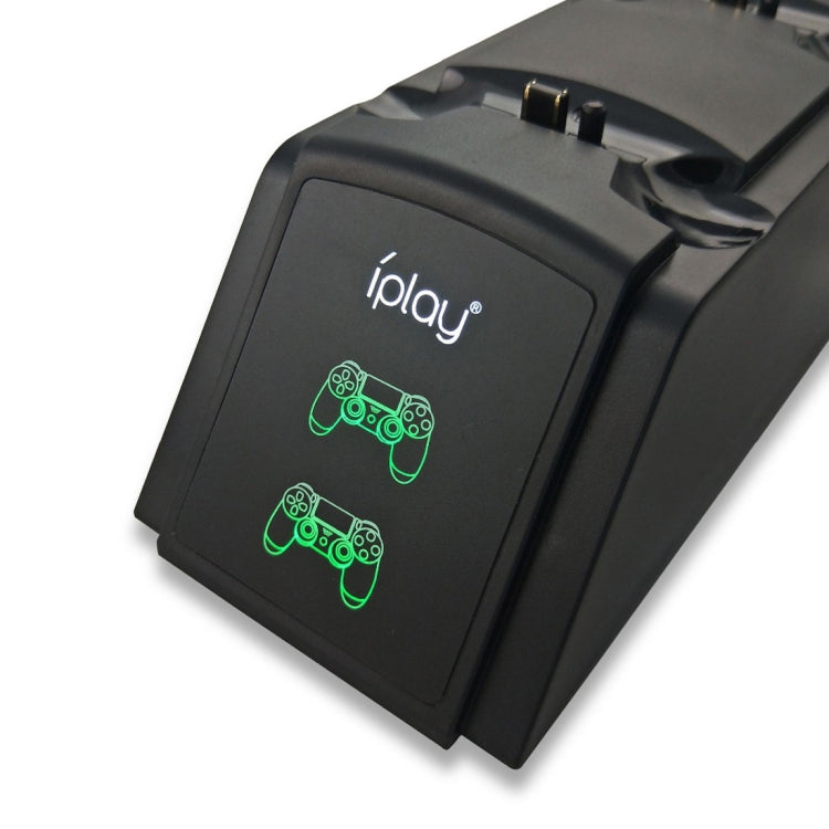 Dual port charging dock stand with iPlay logo and green LED controller icons screen