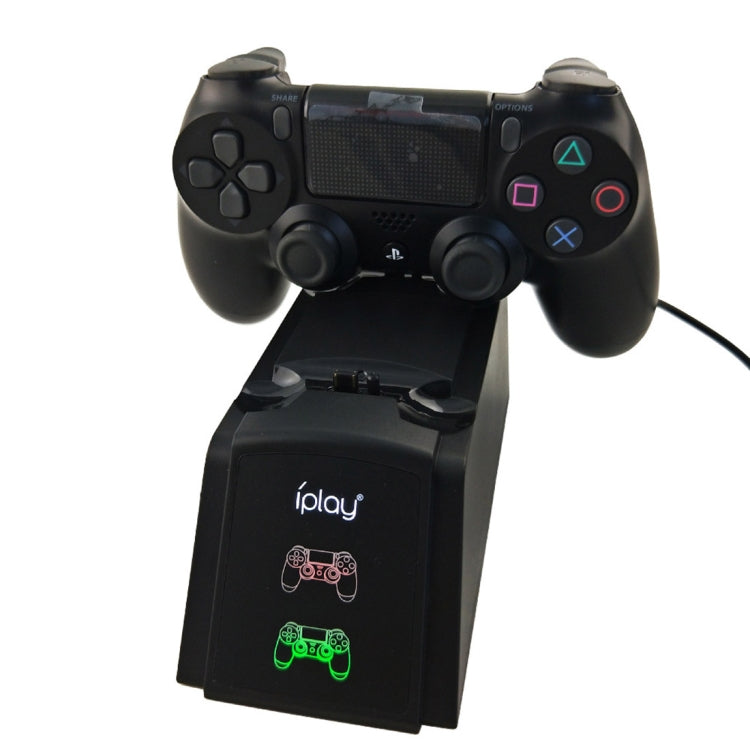Dual port charging dock stand with black PS4 controller seated on front cradle
