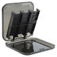 Clear memory card holder case opened, showing black insert with card slots