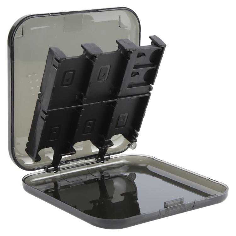 Clear memory card holder case opened, showing black insert with card slots