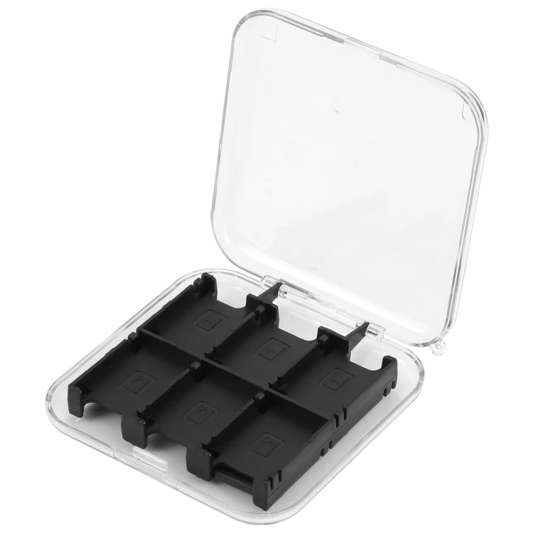 Clear memory card holder case open with black slot tray and hinged lid