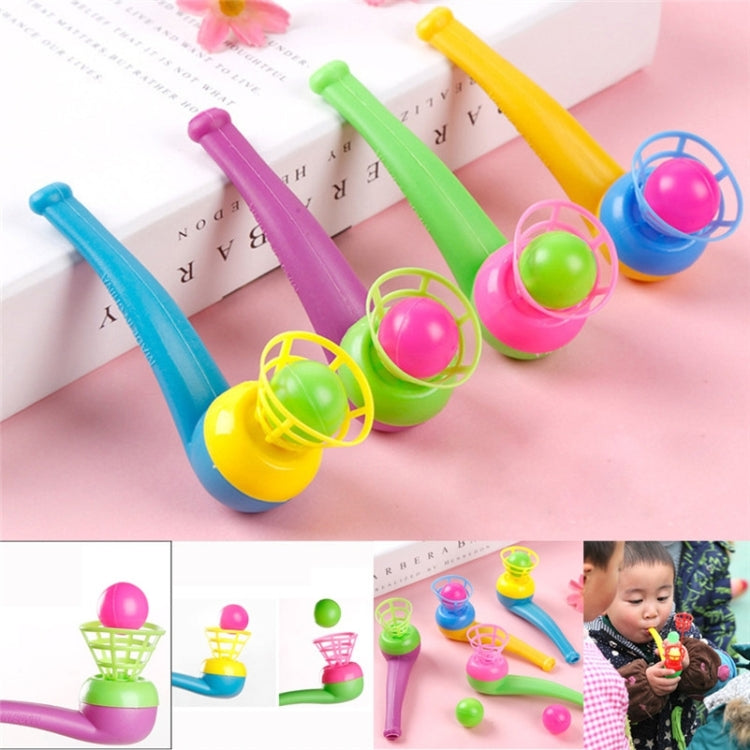Children's hanging blow ball toy set with blue, purple, green, and yellow handheld blowers
