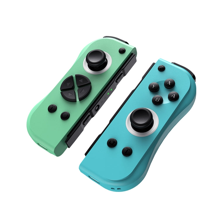 Wireless joy-con style gamepad controllers, separated: mint green and teal halves