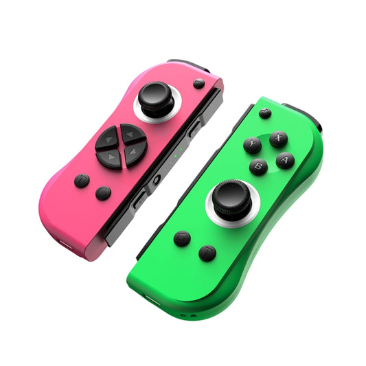 Angled view of pink and green wireless game controllers with black buttons