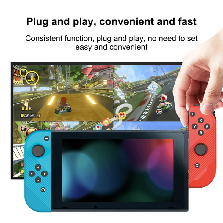 Blue and red joy-con style Bluetooth controllers attached to a handheld game console