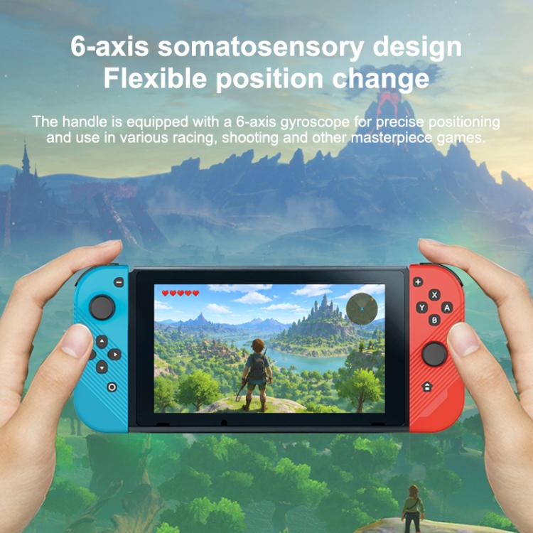 Hands holding blue and red joy-con style Bluetooth controllers for 6-axis motion control
