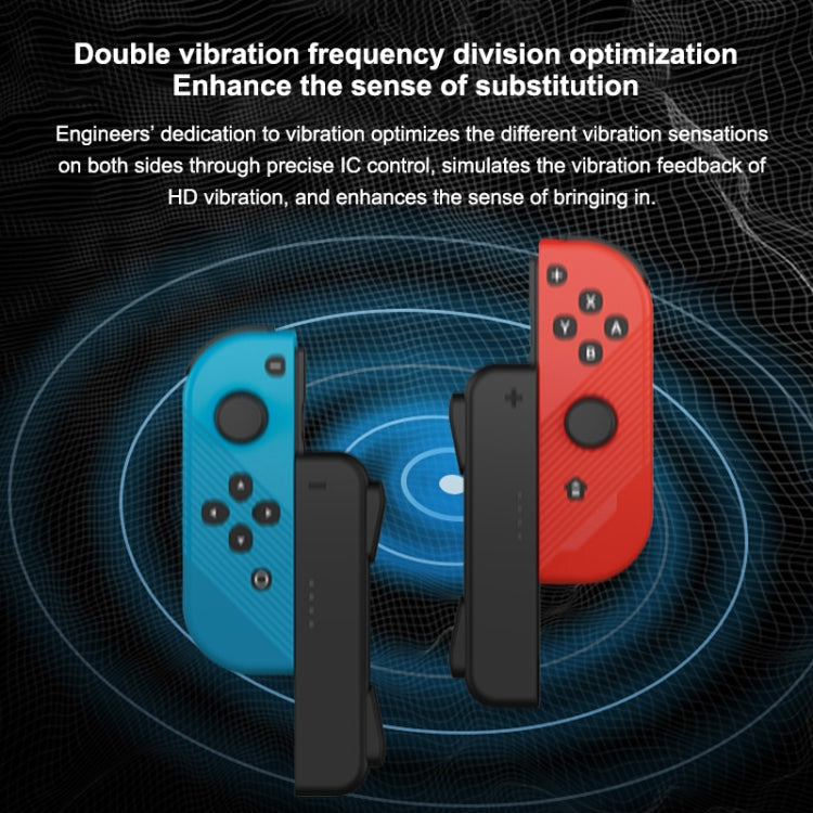Blue and red joy-con style Bluetooth controllers showing dual vibration feedback