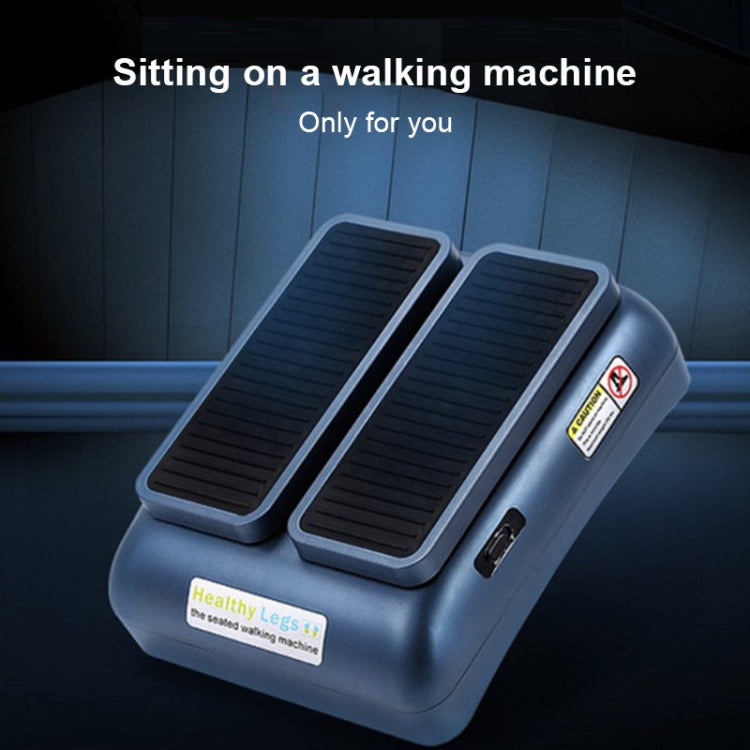 Blue electric stepper leg trainer with two pedals and side warning label