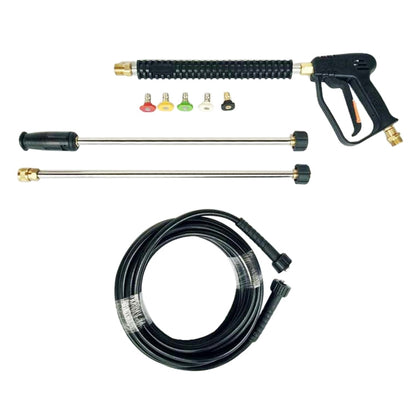 High-pressure car washer spray gun kit with 2 extension wands, coiled hose, and 5 nozzles