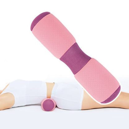 Pink and purple cylindrical yoga positioning pillow with textured mesh panels
