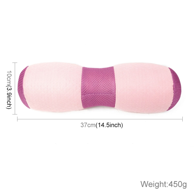 Pink and purple yoga bolster pillow, cylindrical shape with center strap