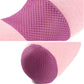 Close-up: pink cushion with purple textured mesh band and rounded end