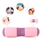 Pink cylindrical yoga bolster pillow with purple center band and mesh texture