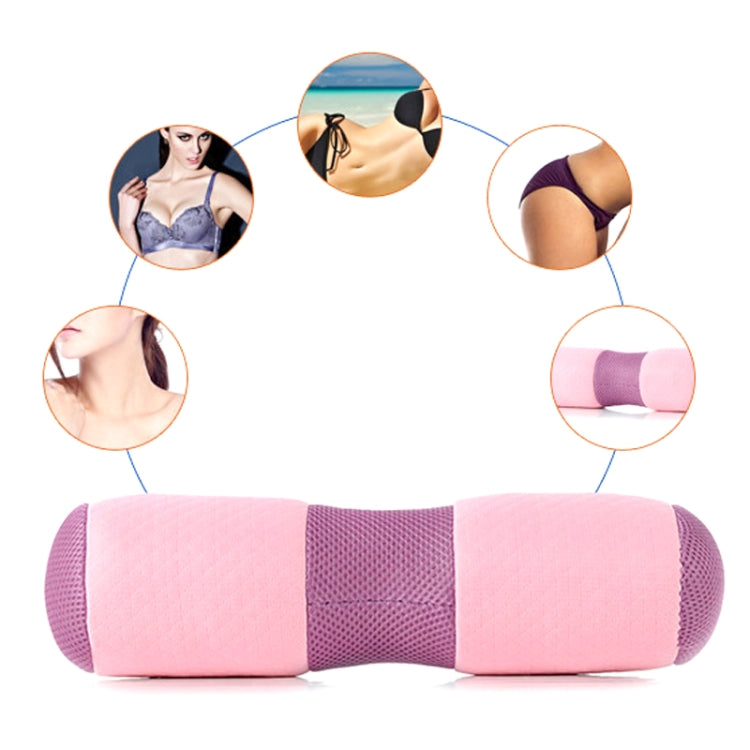 Pink cylindrical yoga bolster pillow with purple center band and mesh texture