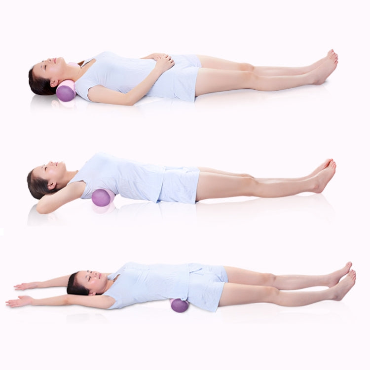 Pink and purple yoga bolster pillow placed under the pelvis in lying stretches