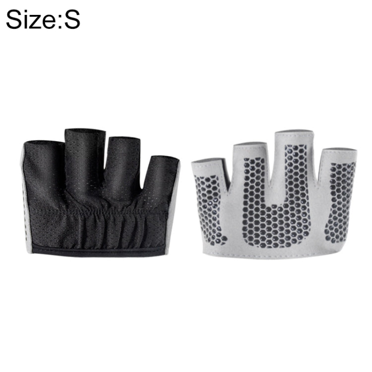Black half-finger yoga gloves with grippy dotted palm pads, size S.