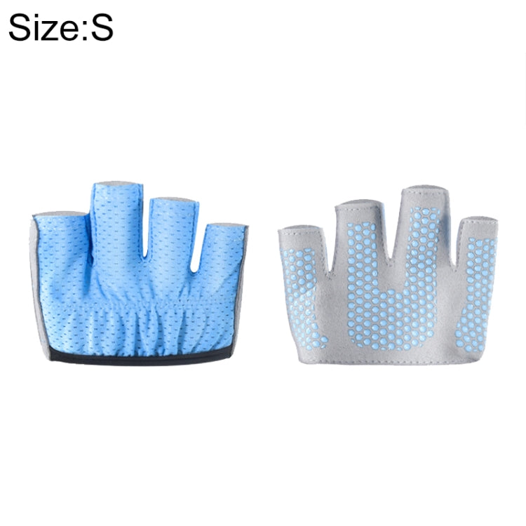 Blue half-finger yoga gloves with grippy dotted palm pads, size S.
