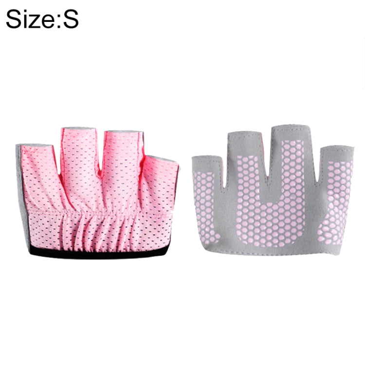 Rose pink half-finger yoga gloves with grippy dotted palm pads, size S.