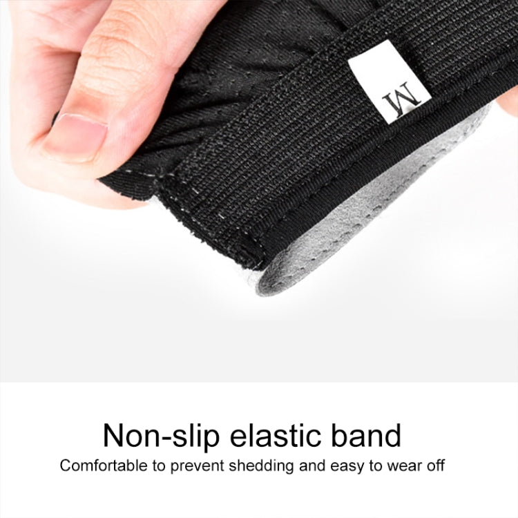 Black half-finger glove with non-slip elastic cuff band and textured grip edge.