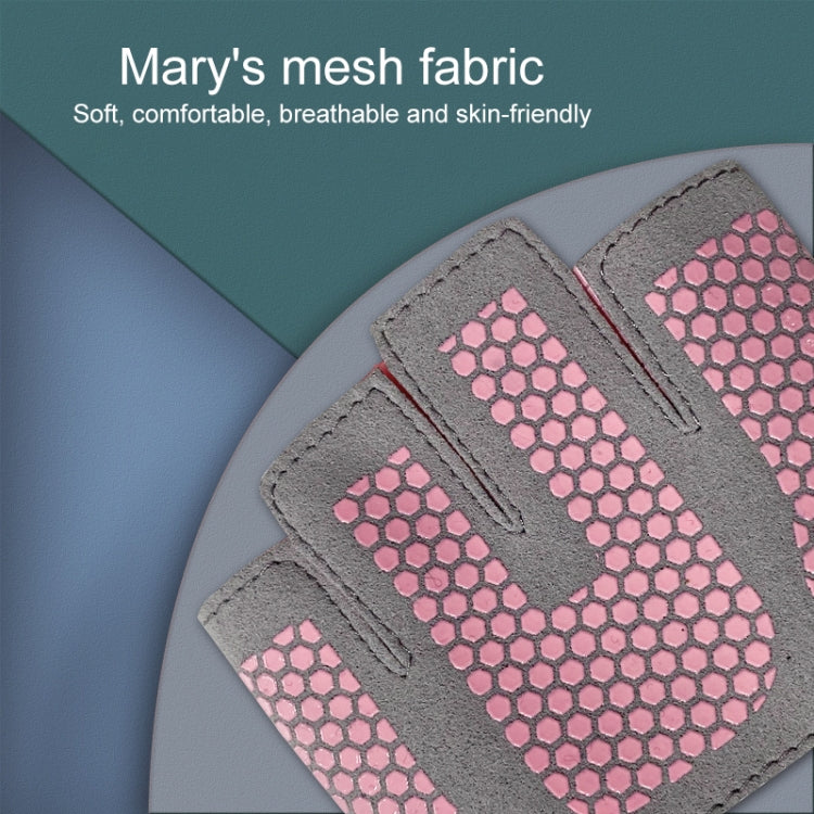 Close-up of gray half-finger glove with pink mesh grip inserts.